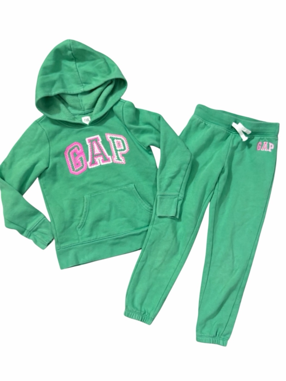 EUC GAP Green and Pink ombré crochet style Logo Hoodie jogger set 6/7